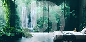 A bedroom with a waterfall in the background created with Generative AI technology