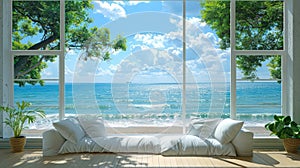 Bedroom with white bedding and big window close to the sea