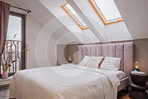 Bedroom with wood bed skylight, part of interior design of building