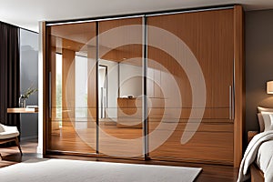 A bedroom with a wooden closet with a mirror and a white door