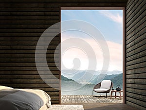 The bedroom of a wooden cottage 3d render photo