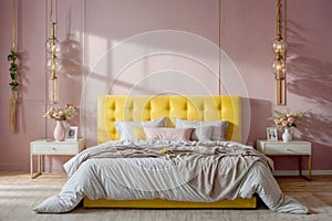 A bedroom with a yellow bed, white nightstand, and pink walls