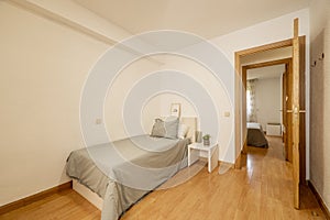 Bedroom with youthful bed with gray bedspread with matching cushions and oak wood flooring