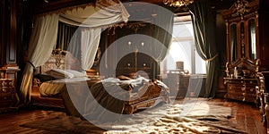 bedrooms with decorative details, a four-poster bed and rich dark wood furniture. Generative AI