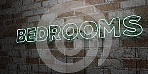 BEDROOMS - Glowing Neon Sign on stonework wall - 3D rendered royalty free stock illustration