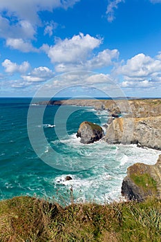 Bedruthan Steps Cornwall England UK Cornish north coast near Newquay on a beautiful sunny blue sky day