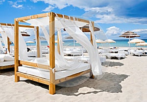 Beds in a beach club in Ibiza, Spain photo