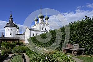 Beds with plant names in the Metropolitan Garden with a Church. St. Gregory the Theologian of the 17th century in the Kremlin in