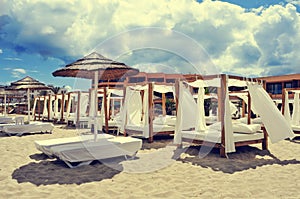 Beds and sunloungers in a beach club in Ibiza, Spain