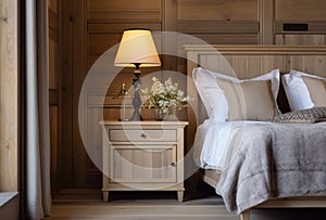 Bedside cabinet emphasizes the bedside next to the wooden wall. French style interior design of a modern bedroom AI Generated