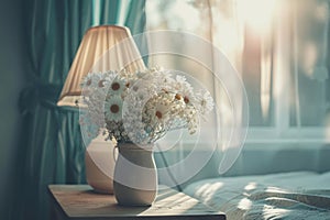 Bedside table with lamp and flowers in the bedroom. Generative AI