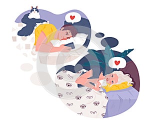 Bedtime conversations.Couple in love chatting in messenger, e