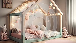 Bedtime Fantasy. Watercolor-Styled Kids\' House Bed with Fairy Lights and Dreamy Decor. Generative AI