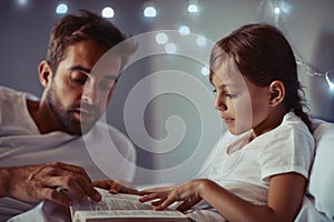 Bedtime stories are a standard part of many bedtime routines. a father reading a bedtime story to his little girl.