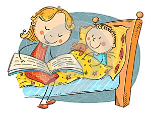 Bedtime story, mother reading to child, colorful cartoon illustration