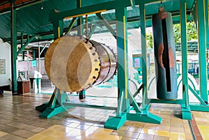 Bedug is large double-barreled drum with water buffalo leather on both sides, has a deeper & duller sound, used among moslim in photo
