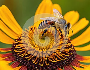 Bee (apis mellifera) on helenium flowers - close-up