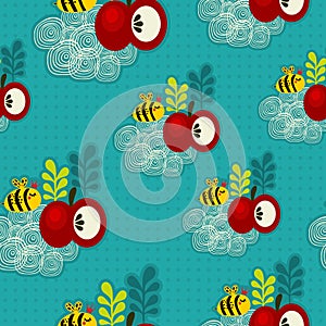 Bee and apple seamless pattern.
