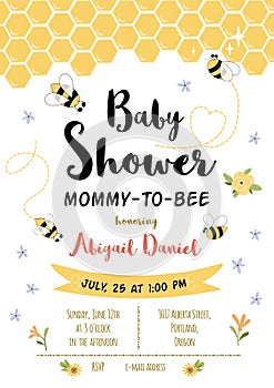 Bee Baby shower invitation template. Honoring Mommy to Bee, honey. Sweet card with honeycomb background