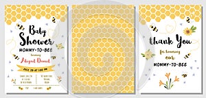 Bee Baby Shower invitation templates set Mommy to bee, sweet, honey, thank you card, yellow pattern banner