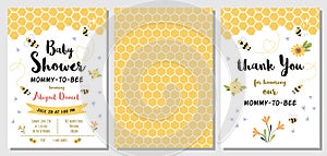 Bee Baby Shower invitation templates set Mommy to bee, sweet, honey, thank you card, yellow pattern banner. Vector photo