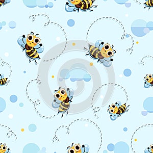 Bee background. Bee swarm, honey bees fly in the clouds. Cute cartoon character. Seamless pattern.