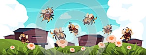 Bee background. Cartoon summer landscape with honeybees and hives. Wooden beehives on lawn of grass and flowers. Flying