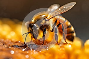 bee background pollen honey closeup buzz gold insect yellow macro nature. Generative AI.