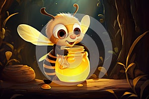 A bee with a barrel of honey, cartoon illustration.