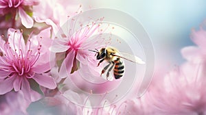 bee and beautiful pink flower, spring summer season. Generative Ai