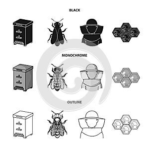 The bee, the bee-keeper in the mask, the honeycomb of the honey.Apiary set collection icons in black,monochrome,outline