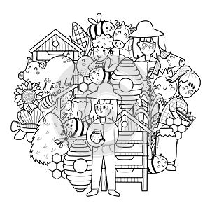 Bee and beekeeper circle shape coloring page. Doodle mandala with farm characters for coloring book
