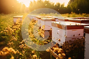 Bee boxes in the garden. Apiary in the Sun. Generative AI
