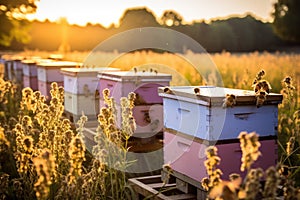 Bee boxes in the garden. Apiary in the Sun. Generative AI
