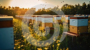 Bee boxes in the garden. Apiary in the Sun. Generative AI