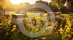 Bee boxes in the garden. Apiary in the Sun. Generative AI