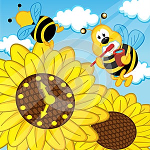 Bee brushes teeth looks at watch sunflower