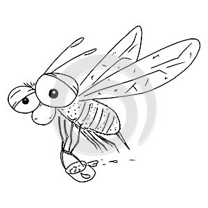 Bee with a bucket for honey hand drawn. Vector of cartoon wasp, bee. Icon wasp with a bucket