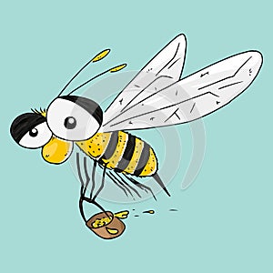 Bee with a bucket for honey hand drawn. Vector illustration of cartoon wasp, bee.