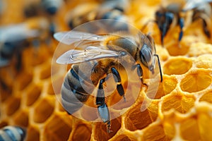Bee building honey cells, close up of a honeycomb, insect at a beekeeping or apiculture