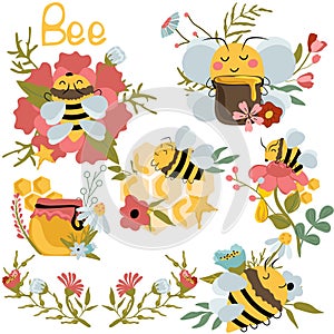 Bee bundle. Cartoon cute compositions with bee on flower, wreaths with wildflower, honeycomb, glass jar with honey