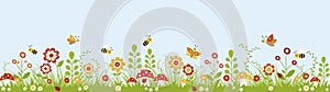 Panoramic colorful garden with flowers, mushroom, bees and butterflies.