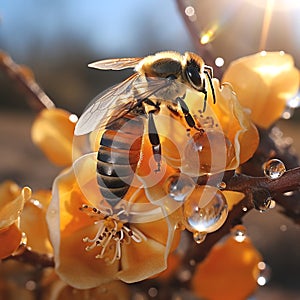 bee and butterfly sitting on fruits, mandarin,olives,apples flowering branch with drops of morning dew water