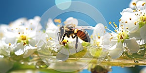 bee and butterfly sitting on fruits, mandarin,olives,apples flowering branch with drops of morning dew water