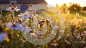 bee and butterfly on wild field floral sunny field meadow ,daisies, cornflowers,lavender ,poppy flowers