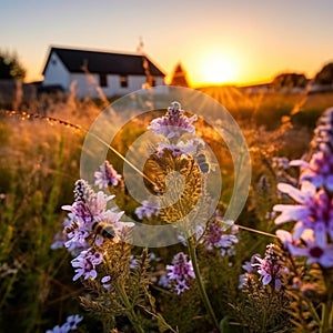 bee and butterfly on wild field floral sunny field meadow ,daisies, cornflowers,lavender ,poppy flowers