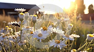 bee and butterfly on wild field floral sunny field meadow ,daisies, cornflowers,lavender ,poppy flowers