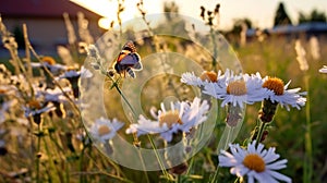 bee and butterfly on wild field floral sunny field meadow ,daisies, cornflowers,lavender ,poppy flowers