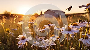 bee and butterfly on wild field floral sunny field meadow ,daisies, cornflowers,lavender ,poppy flowers