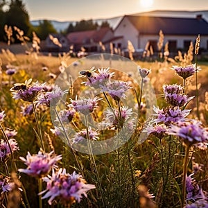 bee and butterfly on wild field floral sunny field meadow ,daisies, cornflowers,lavender ,poppy flowers